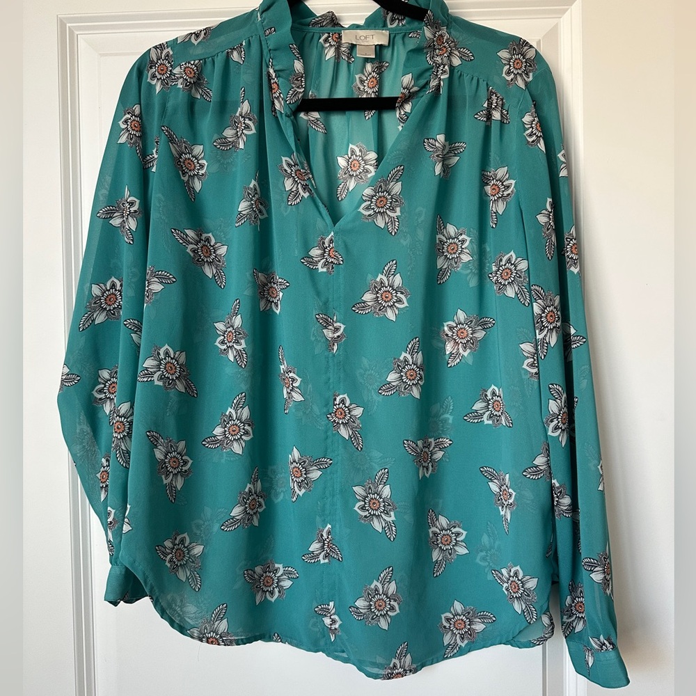 LOFT Blouse blue floral size small sheer